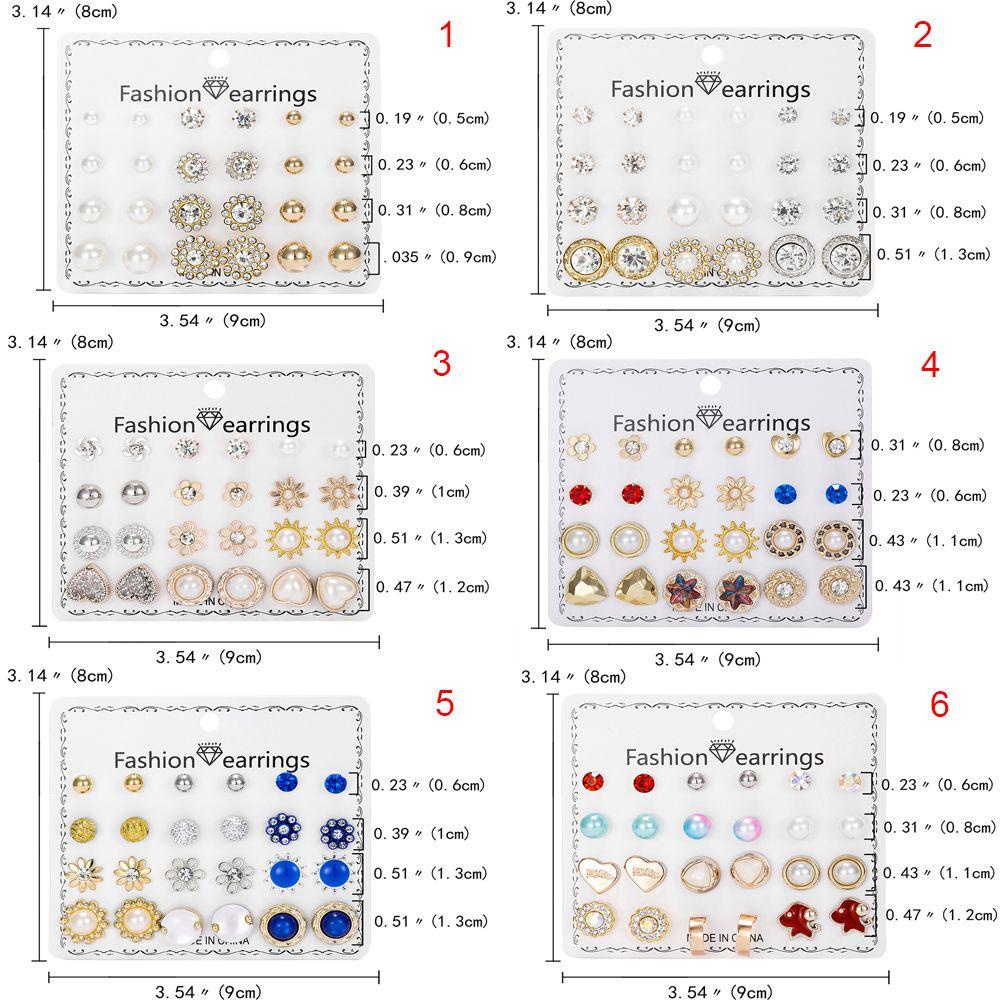 Lily 12pasang/Set Anting Stud Set Perhiasan Tindik Berlian Imitasi Geometris Sederhana