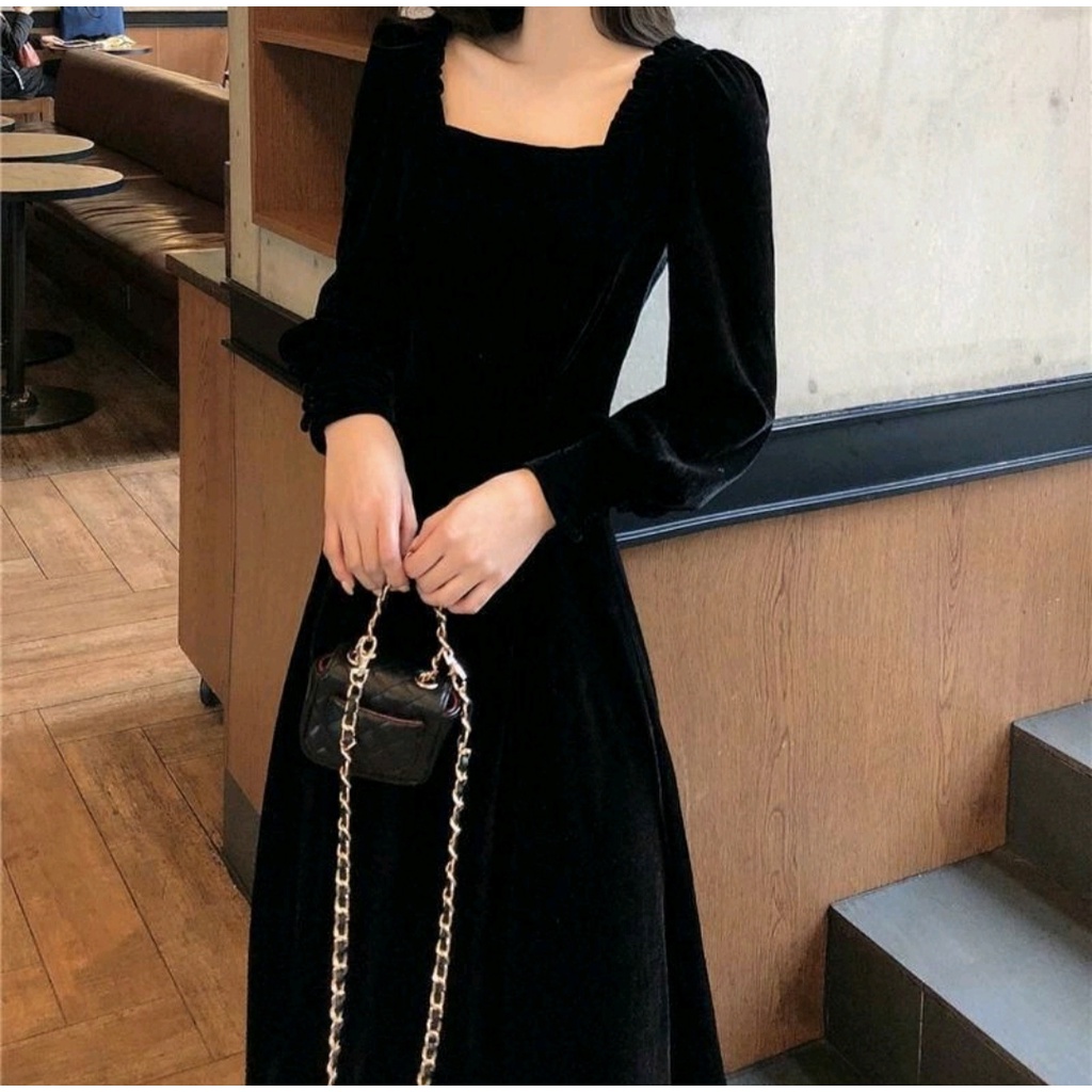 Black Dress Hitam Import Korean Dress Lengan Panjang Black Dress Pesta Kondangan Korean Style Dress 