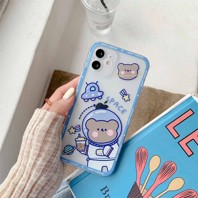 IPHONE Kartun Lucu Milk Tea Space Bear Transparan Phone Case Cover Untuk Iphone6 6s 78 PLUS X XR XS 11 12 13 PRO MAX SE 2020