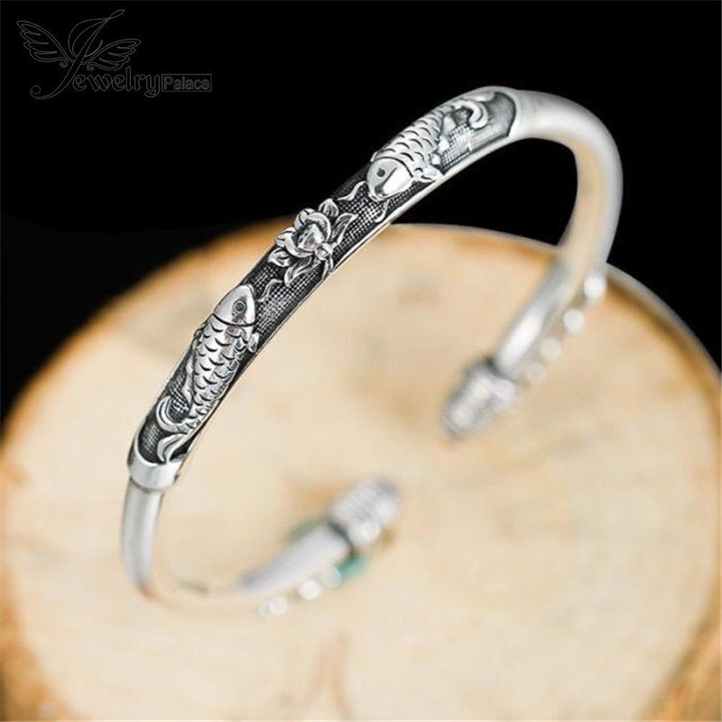 Gelang Model Terbuka Bahan 925 Silver Gaya Retro Etnik Untuk Wanita