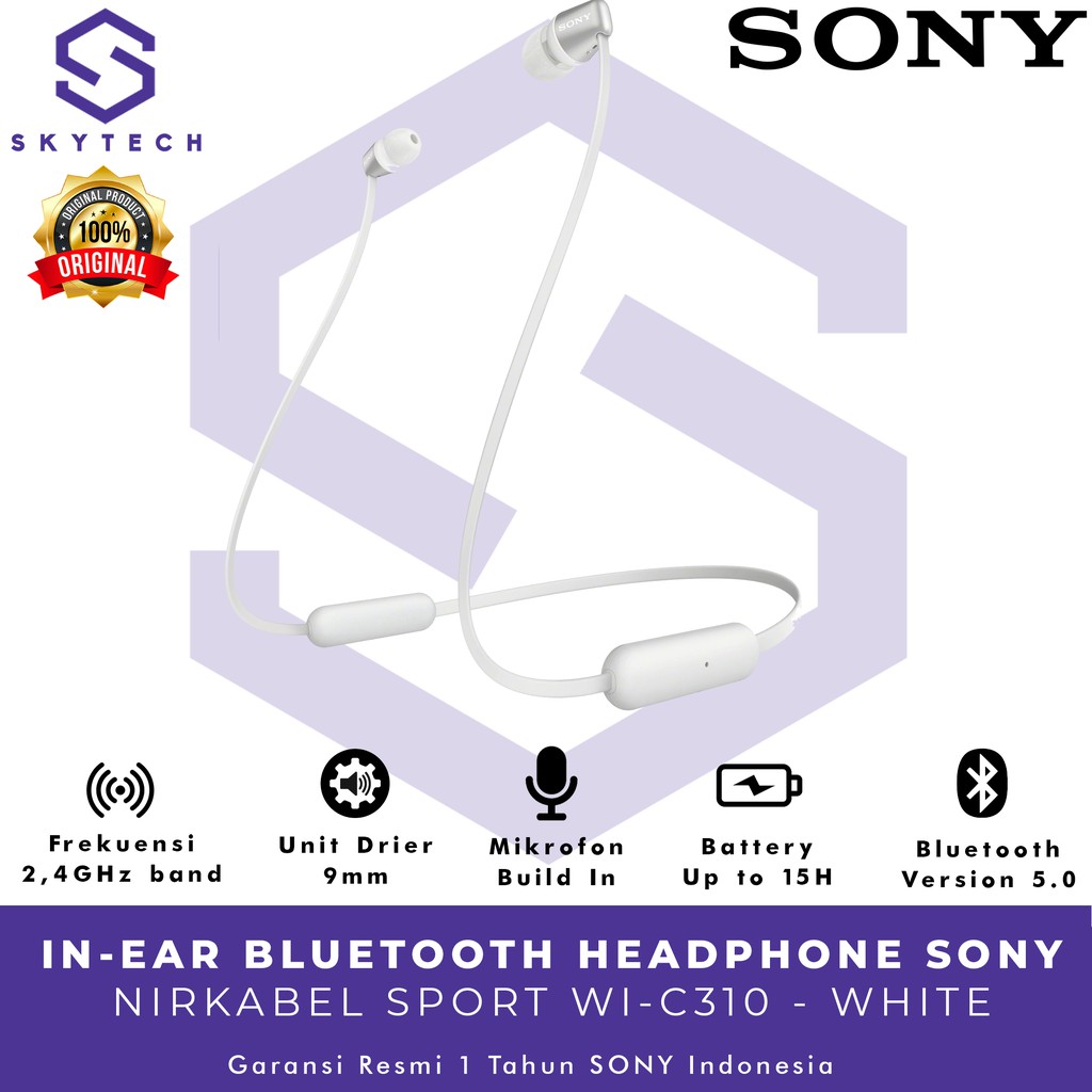 EARPHONE BLUETOOTH SONY WI C310 WHITE ORIGINAL GARANSI RESMI