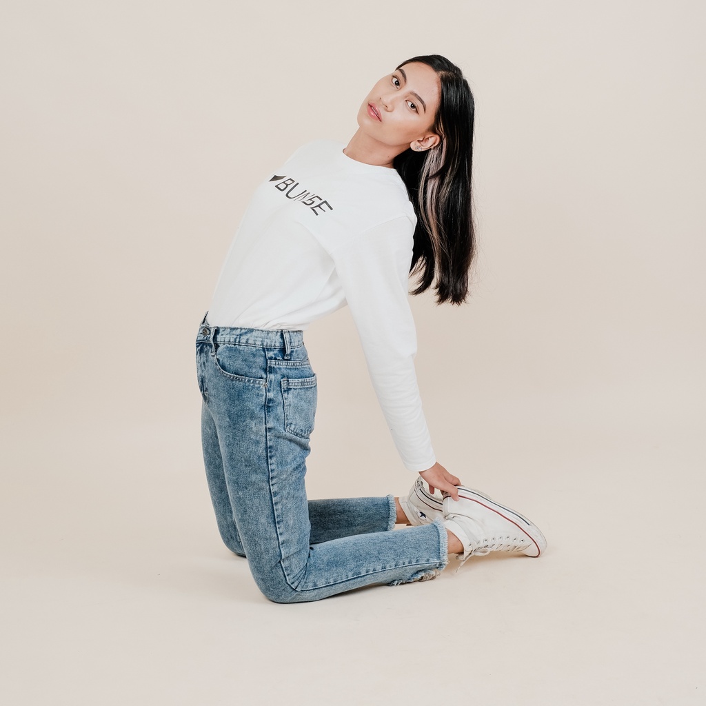 Bunbe - Highwaist Boyfriend Jeans Underhole Jenifer Lawrance | SnowBlue