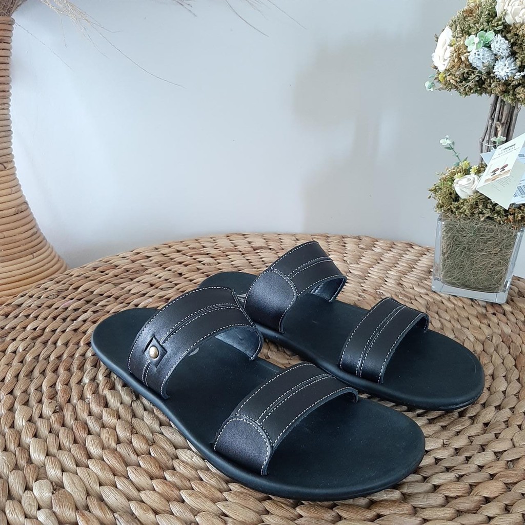 SANDAL PRIA SLIDE KULIT ASLI WARNA HITAM COKLAT TAN