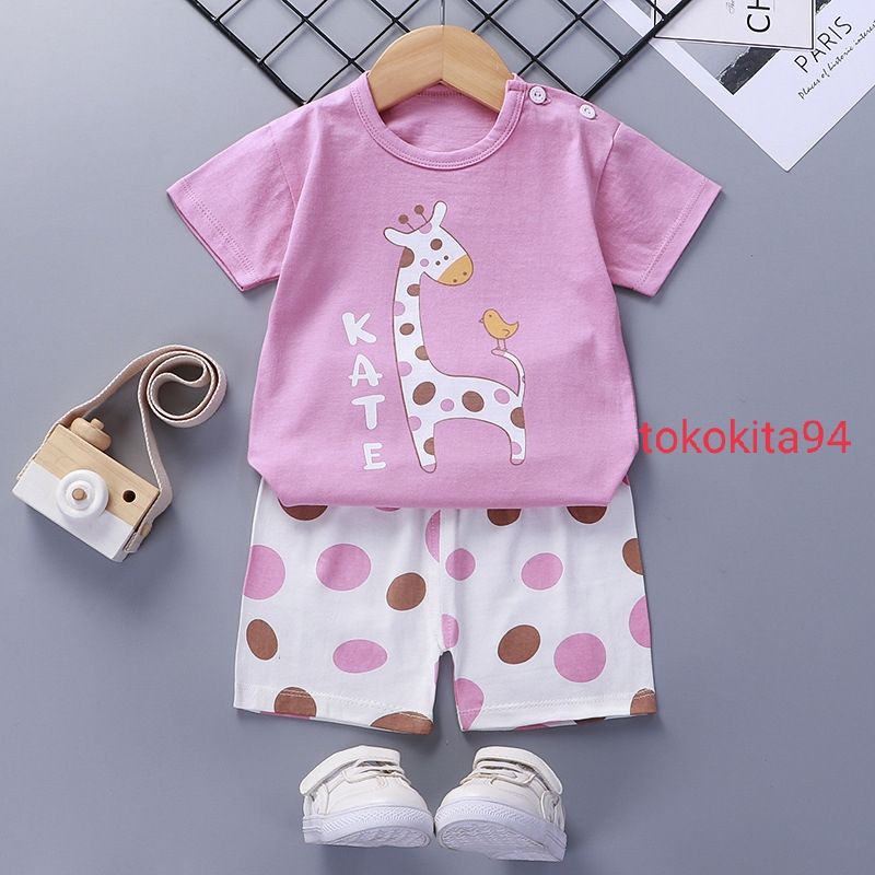 Setelan Baju Anak  Import Motif Lucu Kartun Baju + Celana - Baju Bayi 1Set Atas Bawah Korea Motif Kartun - Baju Anak Homewear 1Set Cewek Cowok Korea Import Lengan Pendek- Stelan Baju Anak Import