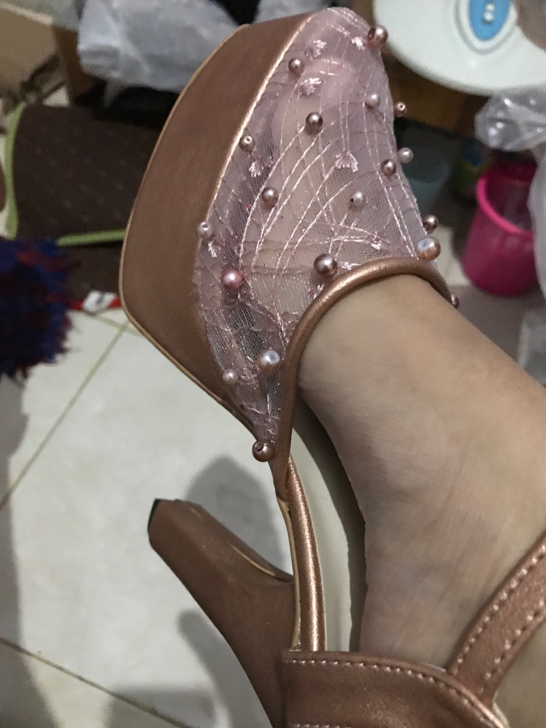 Sepatu Purri Rosegold Abstrak Lace Mutiara Tabut Tinggi 12cm