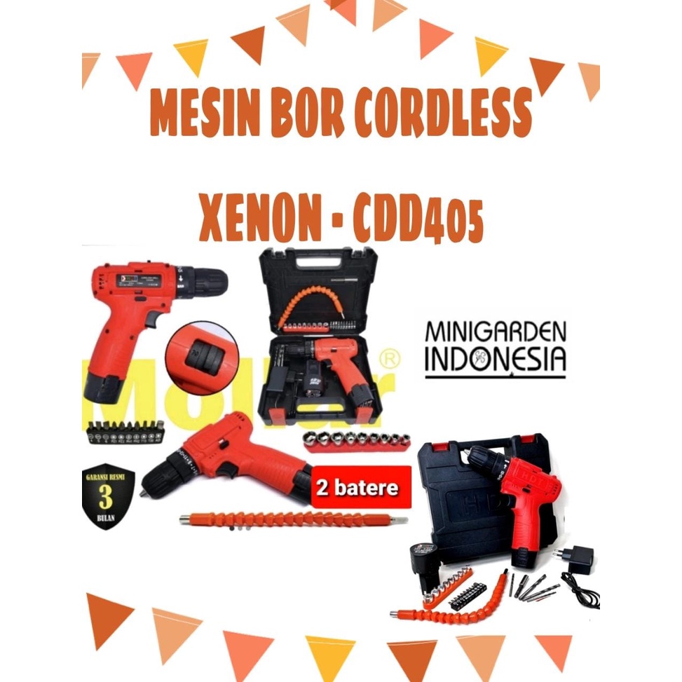 MESIN BOR CORDLESS 10MM HDT CDD 405  2 BATTERY 12VOLT MERK HDT drill cas charger 12V bor portable tanpa kabel