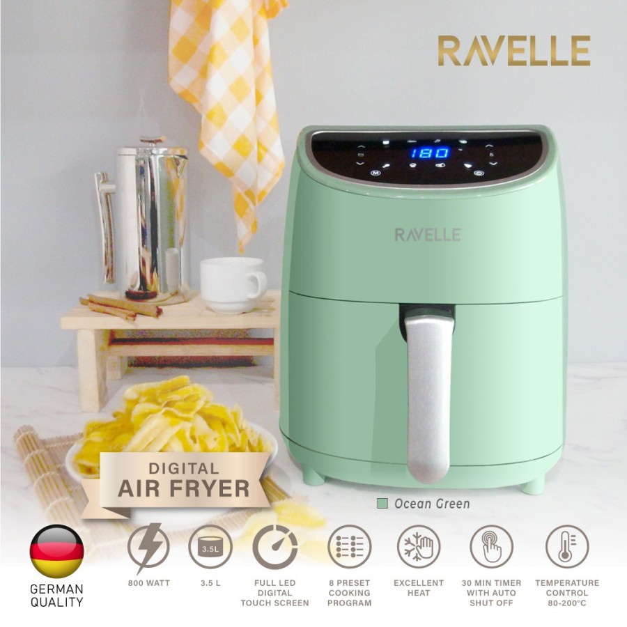 Ravelle Digital Air Fryer 3.5L - Mengoreng Tanpa Minyak - Ocean Green