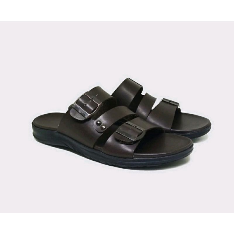 Sandal SLIDE ELBarack black.R7 Pria Ukuran 38-44 Kulit Asli Sendal Slop Tebal Hitam