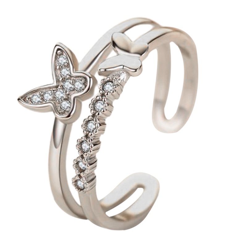 Fancyqube Cincin Model Double Butterfly Aksen Kristal Dan Berlian Imitasi Untuk Wanita
