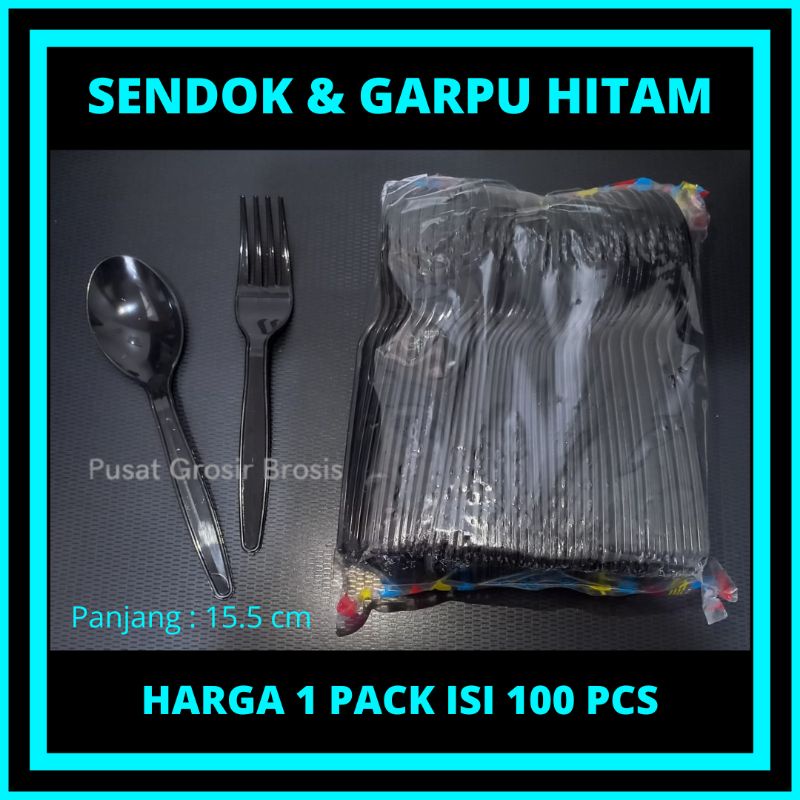 COD-(100pcs) Sendok Panjang Hitam HCP 100 Batang Plastik / Garpu Panjang Makan Plastik Murah HCP