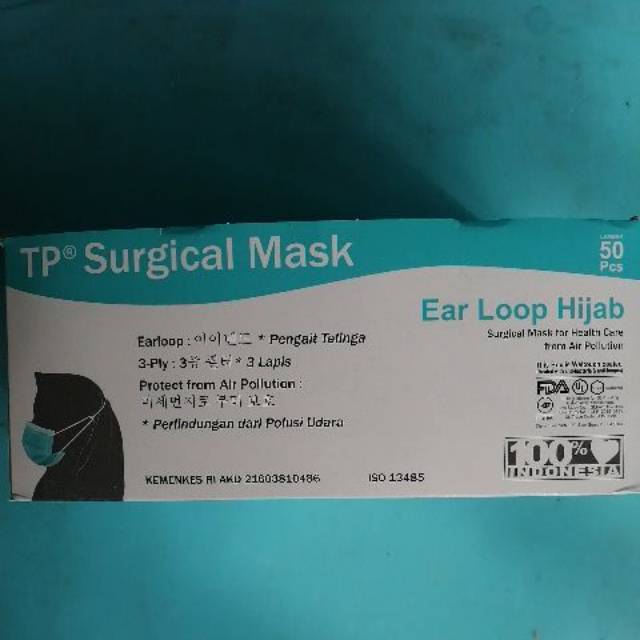 Masker hijab medis TP. Surgical mask 3 ply earloop hijab @ 50 pcs