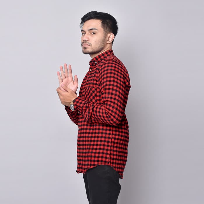 YB KEMEJA FLANEL PRIA MOTIF KOTAK LENGAN PANJANG SLIM FIT LONG SLEEVE BLACK LIST MAROON