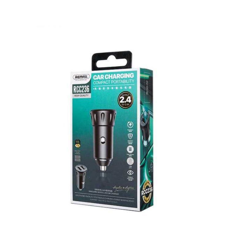 ORIGINAL 100% REMAX CAR CHARGER 2 USB 2.4A VANGUARD RCC-236- BLACK (RCC-236-BK) CAS MOBIL 2 PORT USB