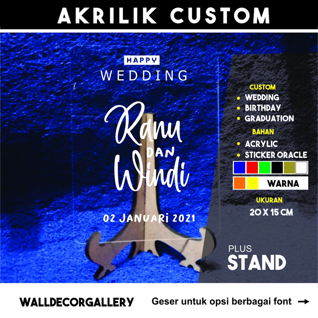 

(CA) kado Akrilik custom wedding, graduation,birthday ukuran 20 x 15 cm plus stand