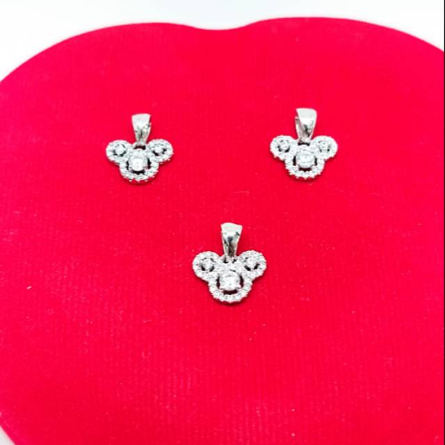 Liontin Mickey mouse mata berlian putih kilau full perak asli 925/silver lapisan emas putih murni.