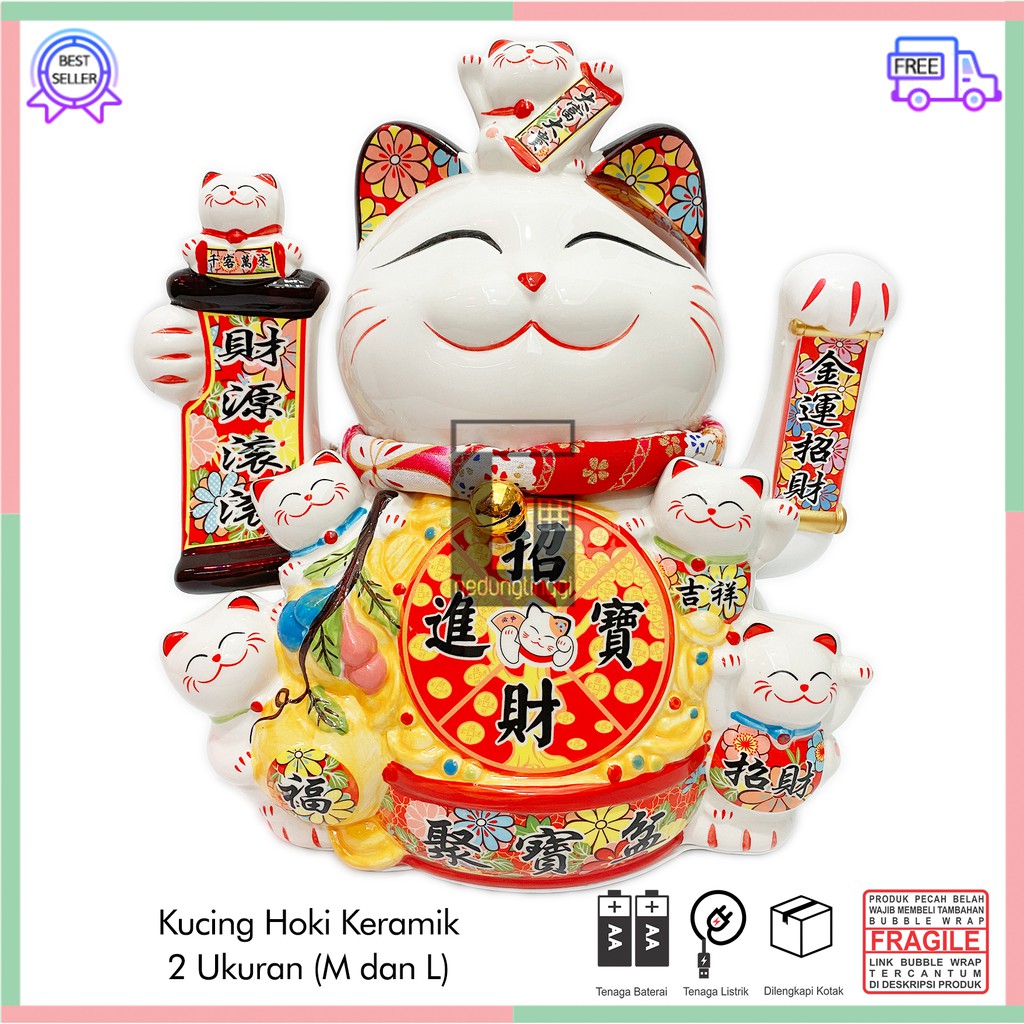 Pajangan Hiasan Patung Boneka Kucing Hoki Rejeki Lucky Cat Maneki Neko Maneko Neki Keramik China Cina Jepang Baterai Listrik Ukuran Besar Big Size XL Sedang Medium Kecil Small Kucing Hoki Kucing Rejeki Kucing Keberuntungan Kucing Cina Kucing Fengshui