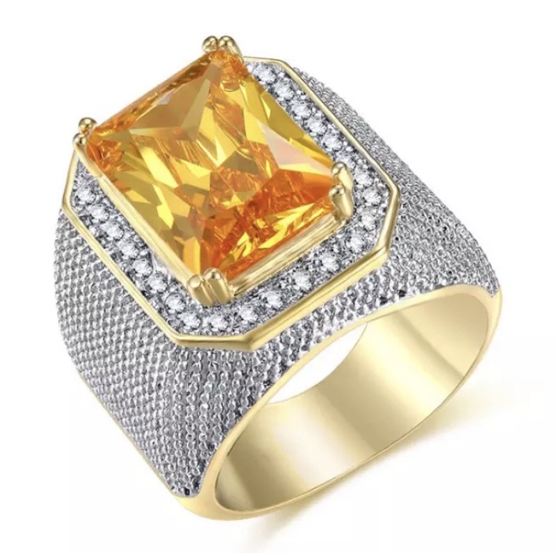 Cincin Pria Mewah Batu Safir Kuning Yakut Gold Platted