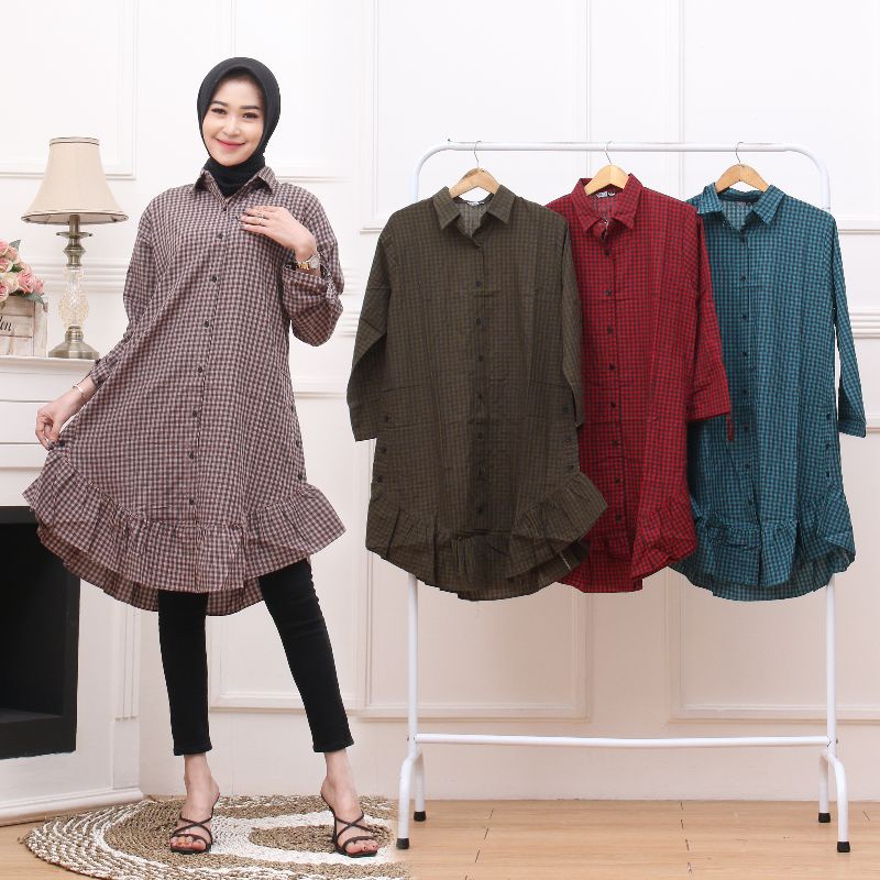 Long Tunik Kerah motif Kotak Katun rempel bawah, BUSUI FRIENDLY, BISA COD