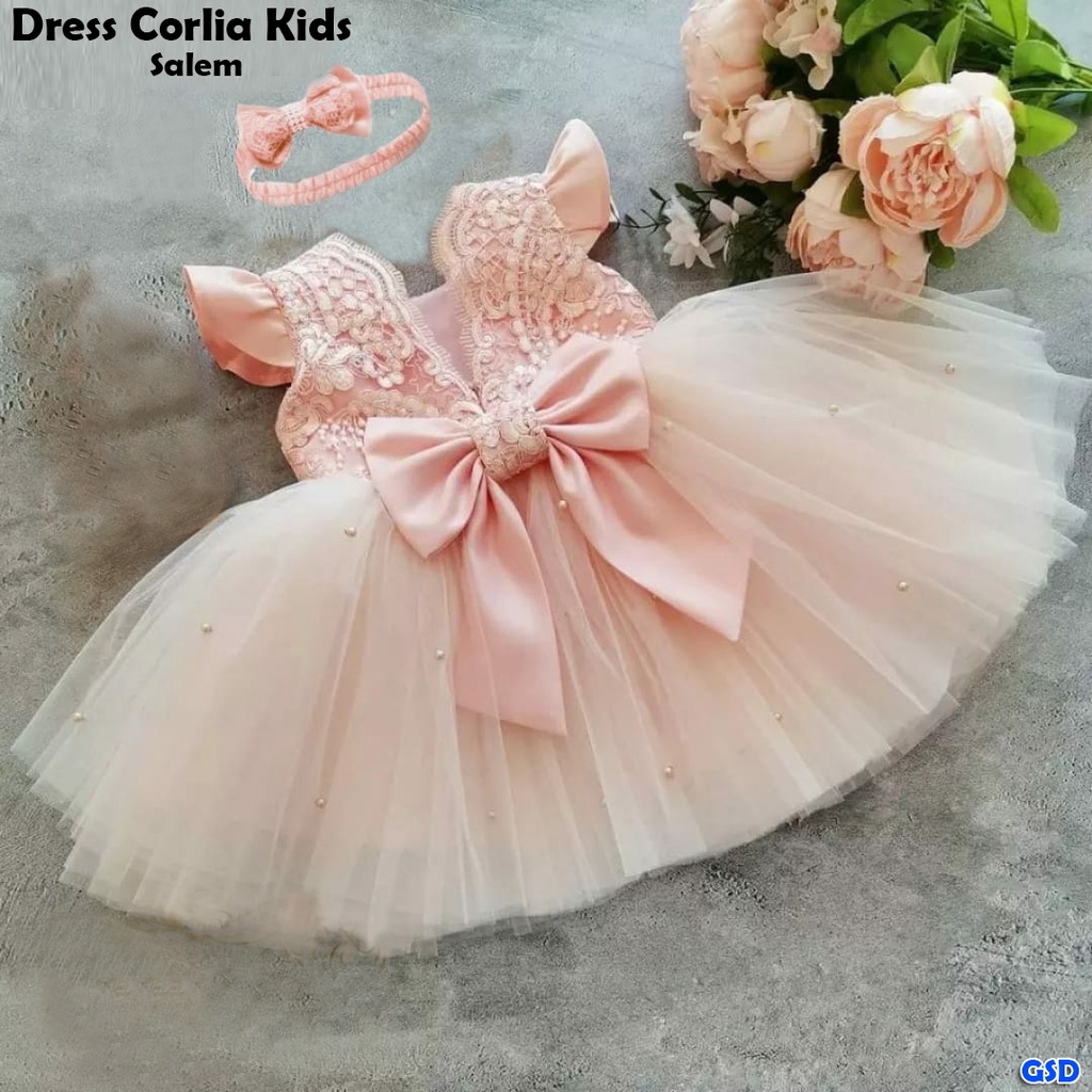 Kids Corlia/ Baju Anak FREE BANDO Terusan Dress Pesta Ada Mutiara Dan Pita Bahan Brukat Kombi Lapis Furing Usia 2 Thn  Sampai 4 thn