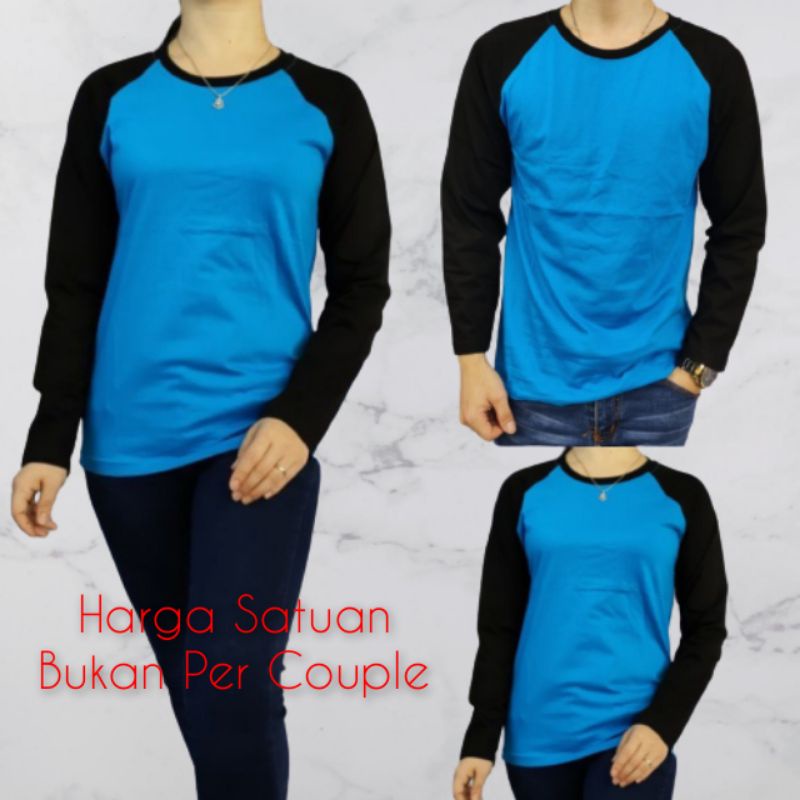 Kaos Couple Pasangan Kaos Polos Pria Wanita BIRU TURKIS-HITAM Lengan panjang Ukuran M L XL XXL