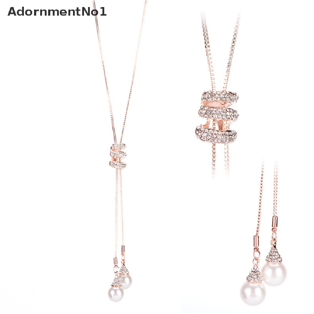 (AdornmentNo1) Kalung Rantai Panjang Dengan Liontin Mutiara + Berlian Imitasi Untuk Wanita