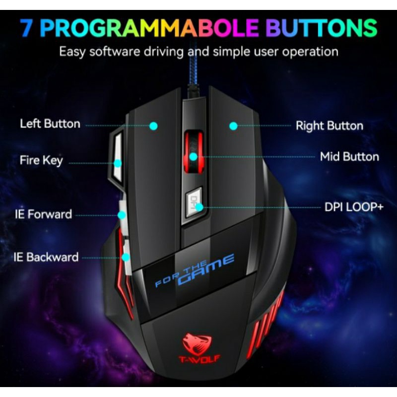 Sku-1274 MOUSE GAMING 7 BUTTONS T WOLF M1 FOR GAME LED RGB TWOLF