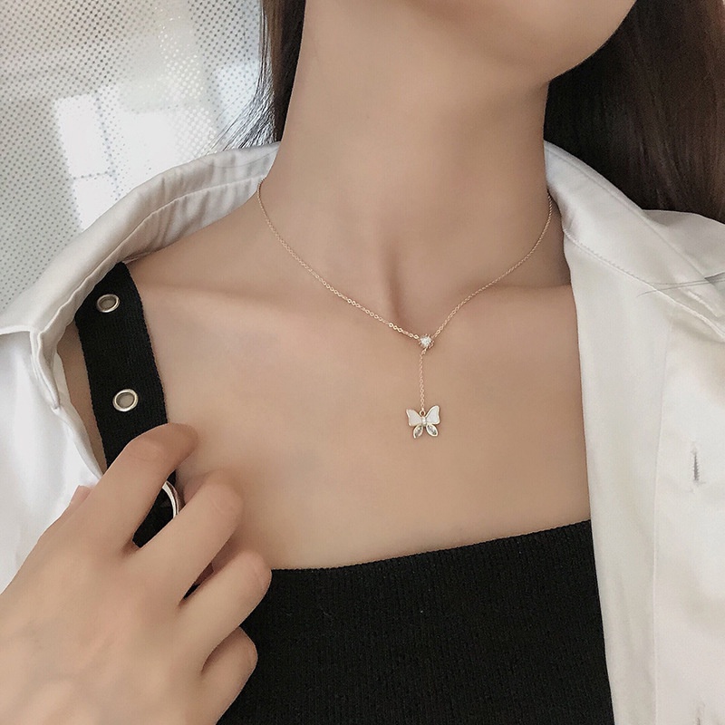 Kalung Rantai Klavikula Desain Kupu-Kupu Kecil Bahan S925 Sterling Silver