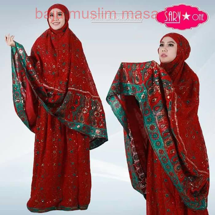 MUKENA SARI INDIA EMBRODERI ASLI SARYONE/ MERAH MENYALA