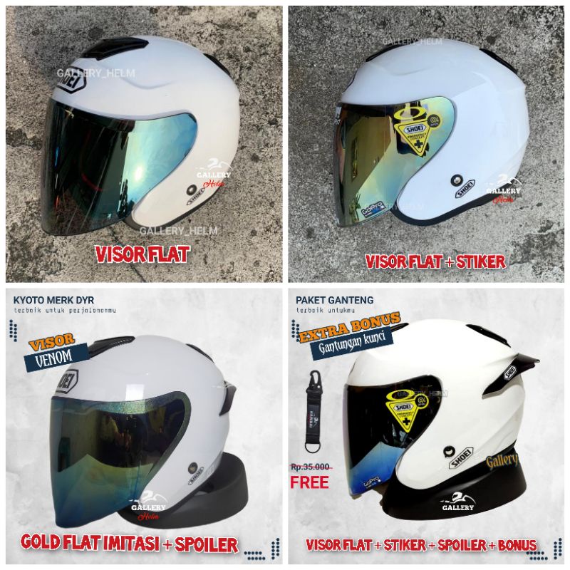 HELM KYOTO DYR PAKET GANTENG | SUDAH TERPASANG STIKER SHOEI | REPLIKA KYT KYOTO PUTIH-Paket Visor gold