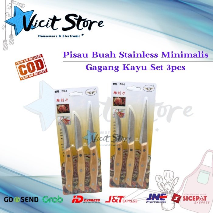 Pisau Buah Stainless Minimalis Gagang Kayu Set 3pcs