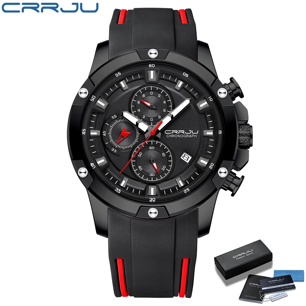 Jam Tangan Pria CRRJU Fashion Tahan Air Chronograph Dark Glow Jam Jam Tangan Karet