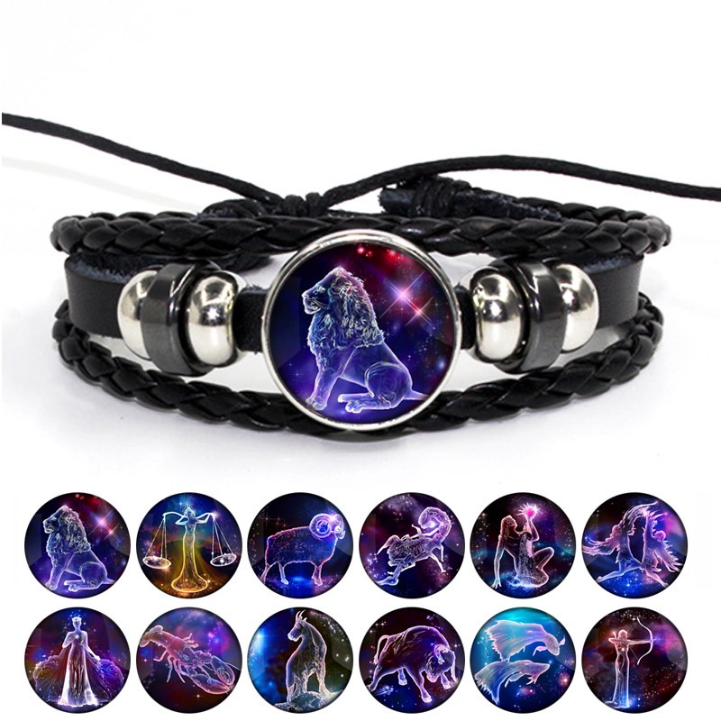 Gelang Kulit Multilayer Desain 12 Zodiak Untuk Pria Dan Wanita