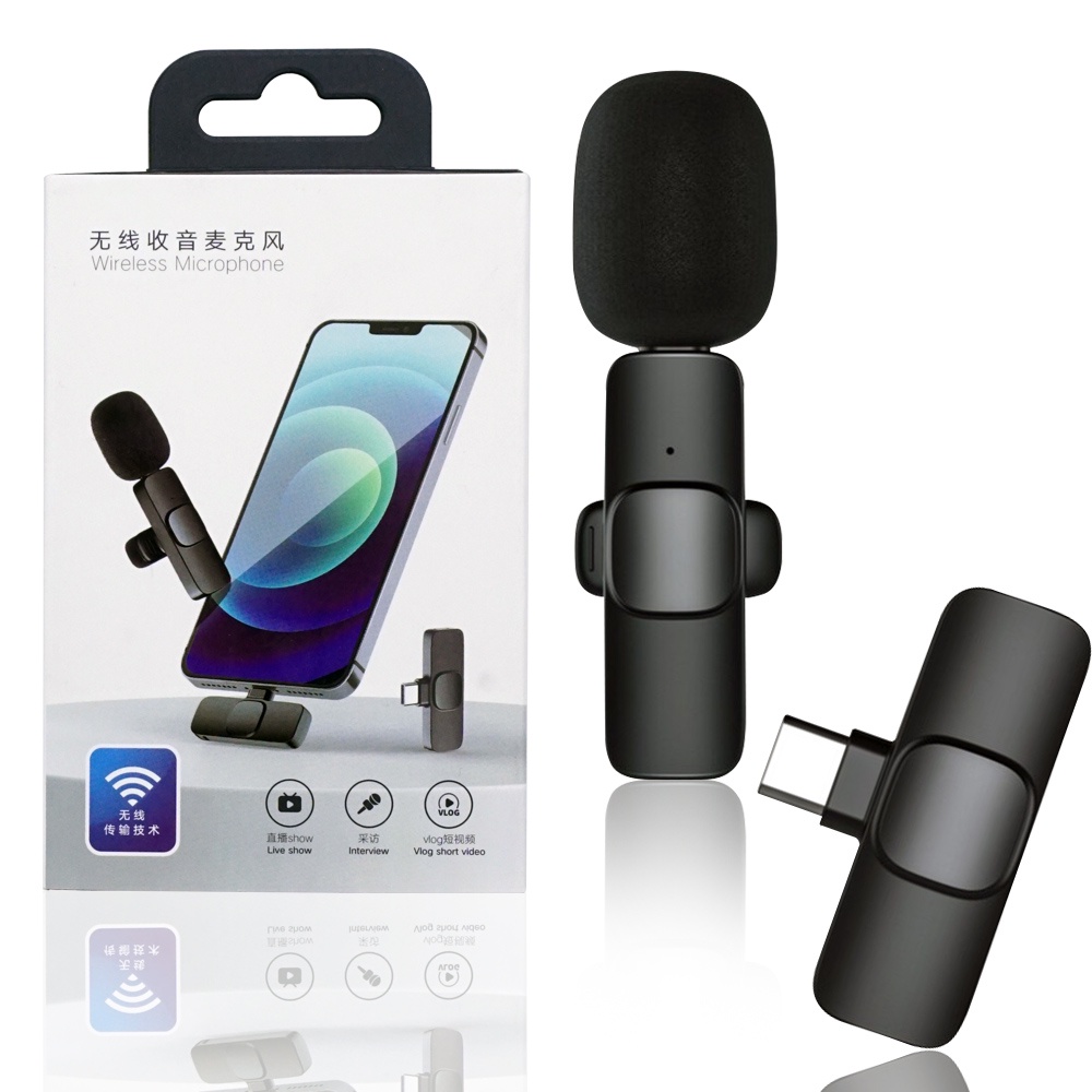 Microphone Wireless Mikropon Bluetooth Clip On HP Vlog Microfon Youtuber Recording Portable Mic for iPhone Lighting and Android Type C Smartphone Condenser