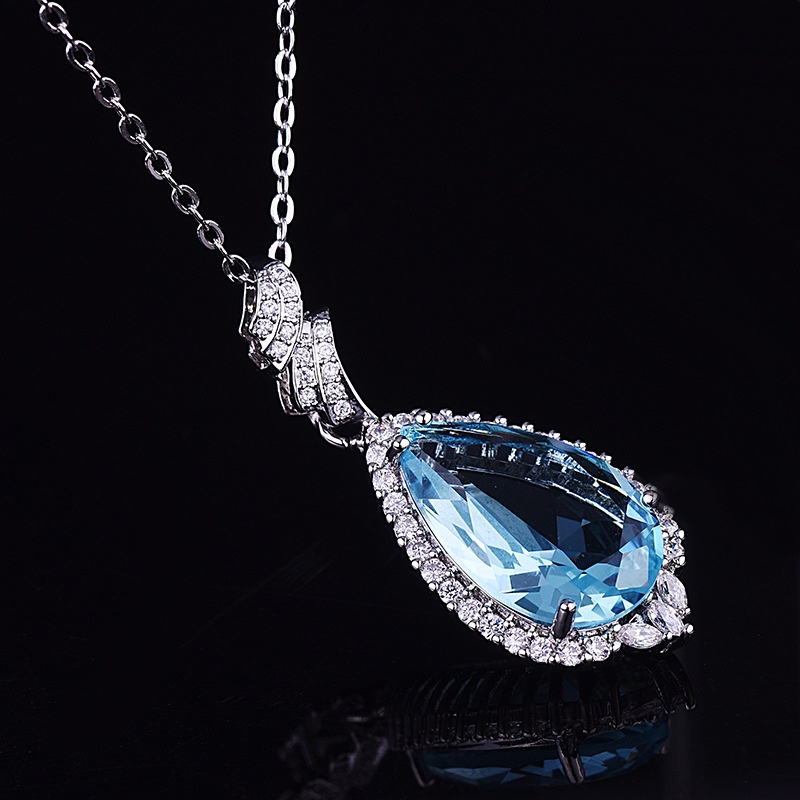 [Ready Stock]Fashion Drop-Shaped Diamond Aquamarine Pendant Necklace