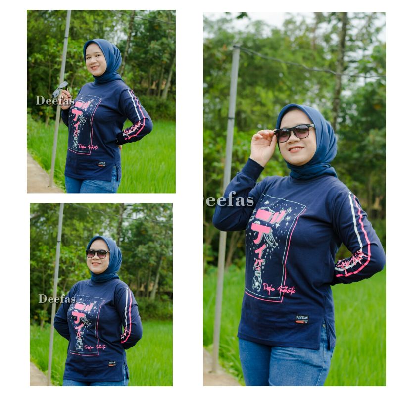 Kaos Atasan Wanita Lengan Panjang Combed 20s DEEFAS Dark Authentic "Baru" - Biru Dongker