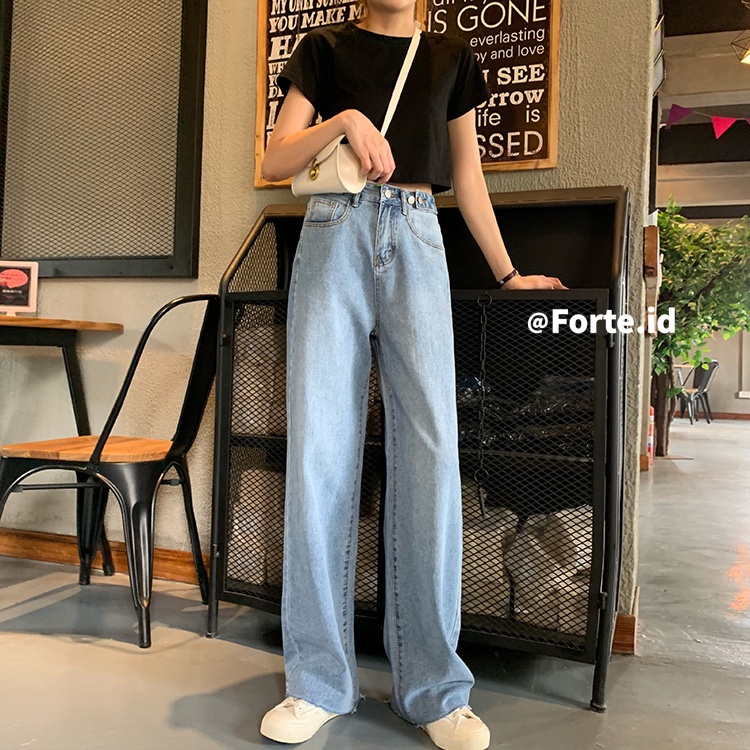 Celana panjang wanita baru slim-fit high-waist straight-leg wide-leg jeans celana highwaist wanita