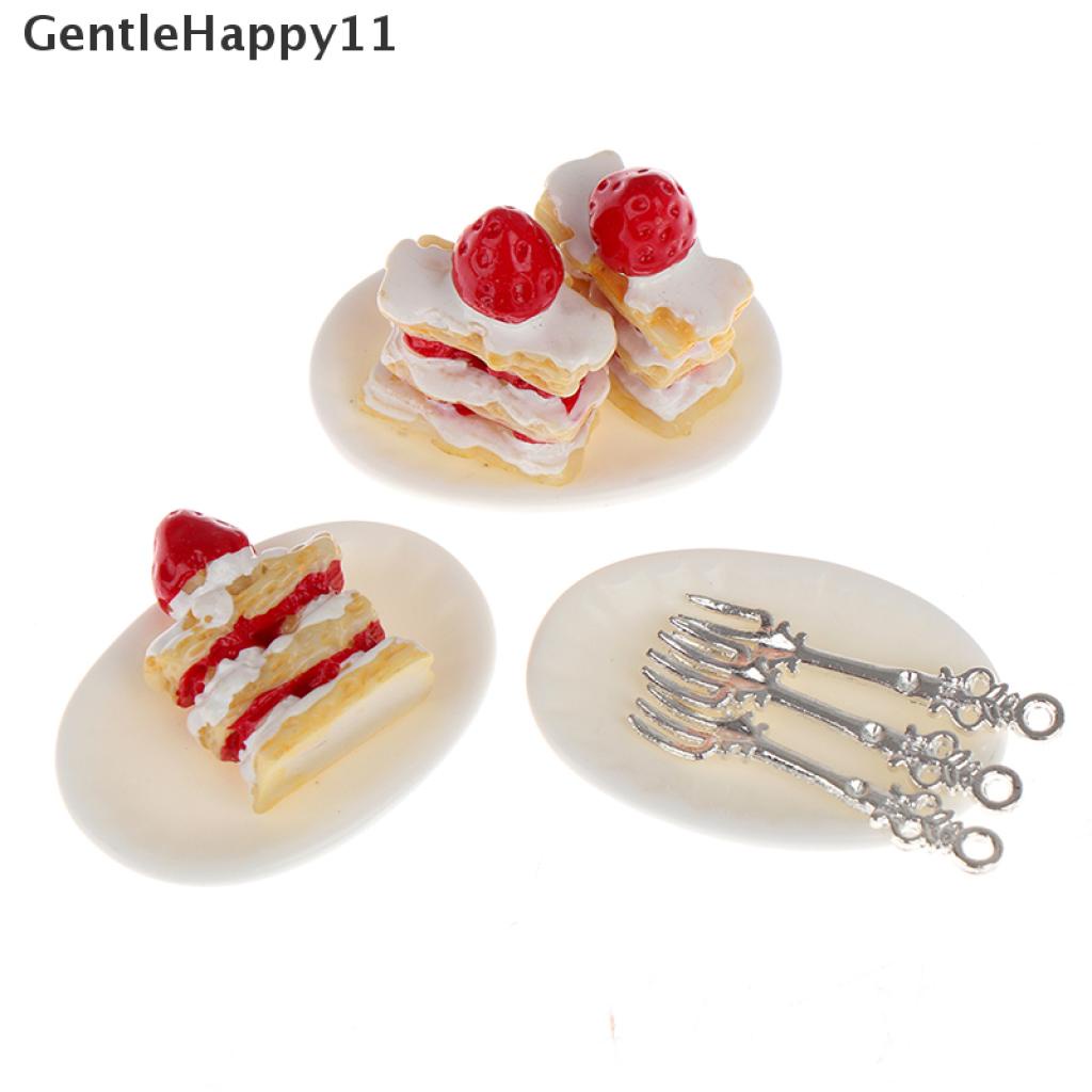 Gentlehappy 1 Set Mainan Miniatur Piring Kue Strawberry + Garpu Skala 1: 12 Untuk Dekorasi Dapur Rumah Boneka