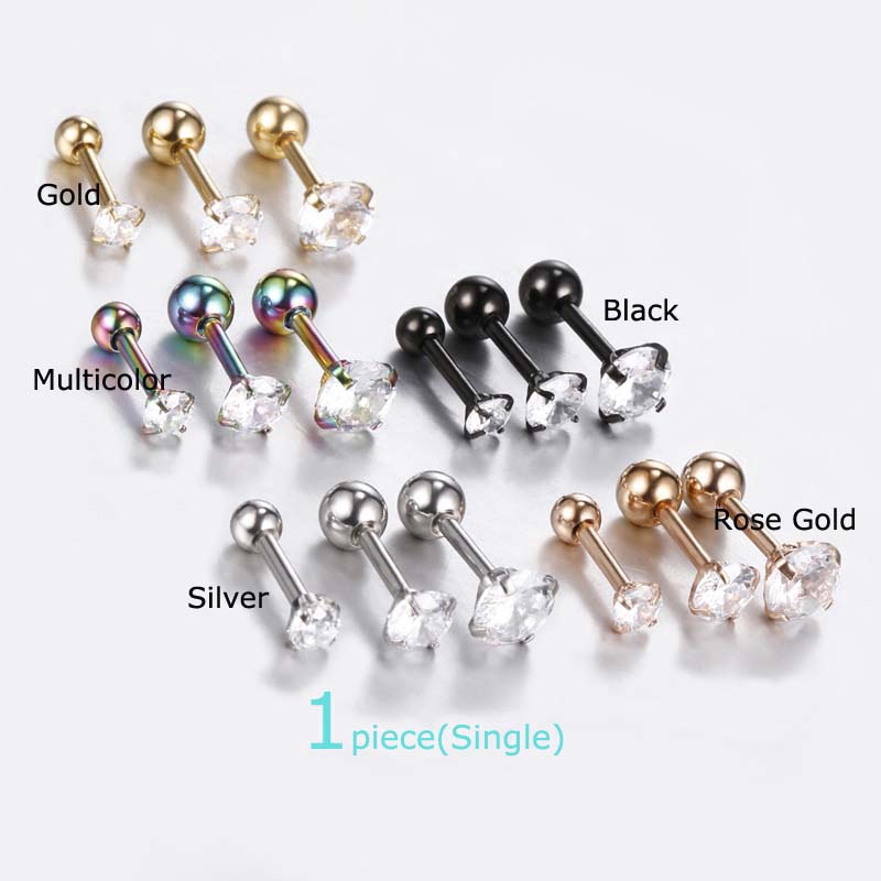 1piece 4-claw stainless steel 16G Barbell Zircon Ear Cartilage Tragus Helix Stud Earrings 6mm