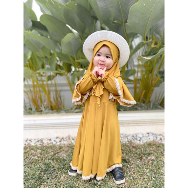 Gamis Anak Perempuan / Gamis Jyotti Original By Celycely / Gamis Anak Jersey / Gamis Anak Set hijab / Set Gamis Anak Perempuan / Baju Muslim Anak Perempuan / Pakaian Muslim Anak Perempuan / Gamis Anak Celycely / Gamis Anak Jyotti-Mustard