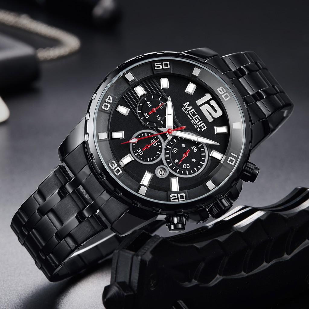 MEGIR 2068 Jam Tangan Pria Analog Chronograph Tali Stainless Luminous WATCHKITE WKOS