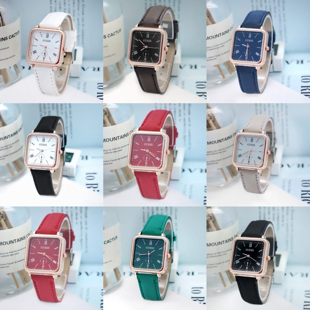 PA Jam Tangan Quartz Strap Rubber PU Analog Casual Gaya Retro Wanita Persegi Watch Korean Fashion Romawi Chrono RM044