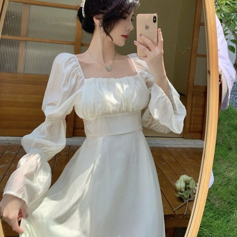 Nala puffy dress korean backless dress vintage korean midi white dress pesta party beach dress elega