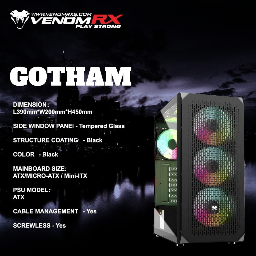 Casing VenomRX GOTHAM ATX Tempered Glass - 3x12cm RGB fan