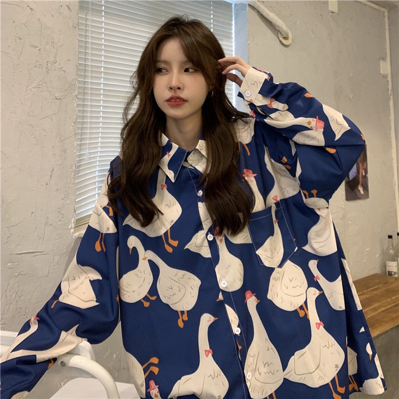 Fat mm230pound large women's Vintage oil painting big goose all over long sleeve shirt women's loose