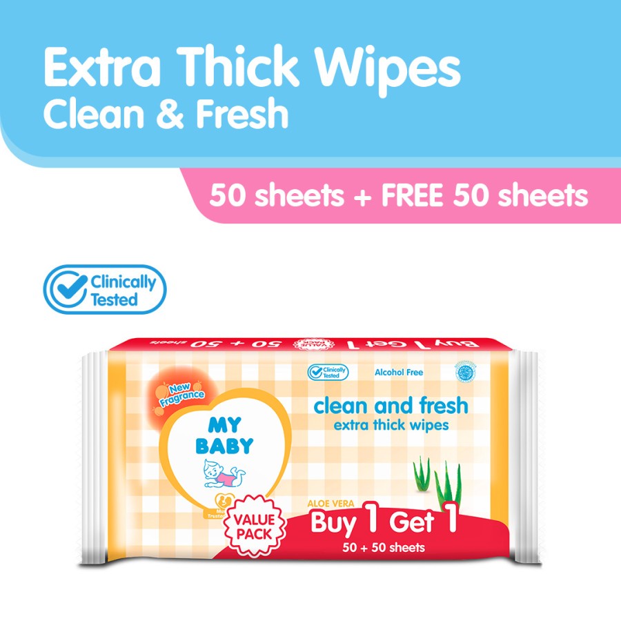 MY BABY Extra Care Wipes Clean &amp; Fresh [50 + 50 Sheets] - Tisu Basah Bayi Extra Lembut &amp; Extra Tebal (2 pcs isi 50s) - Exp: 07.2024