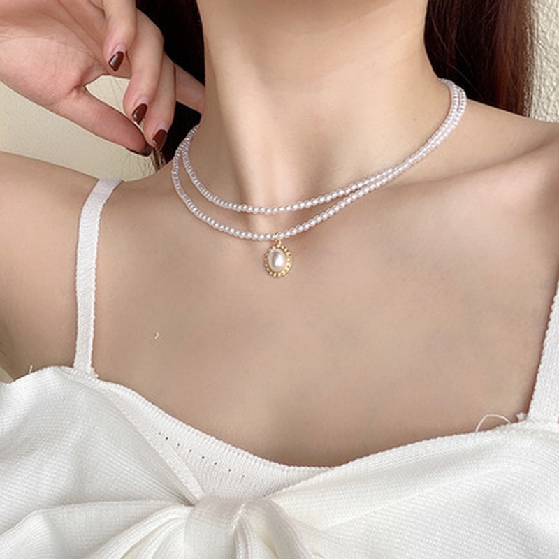 We Flower Baroque Double Layer Pearl Beaded Pendant Necklace for Women Girls