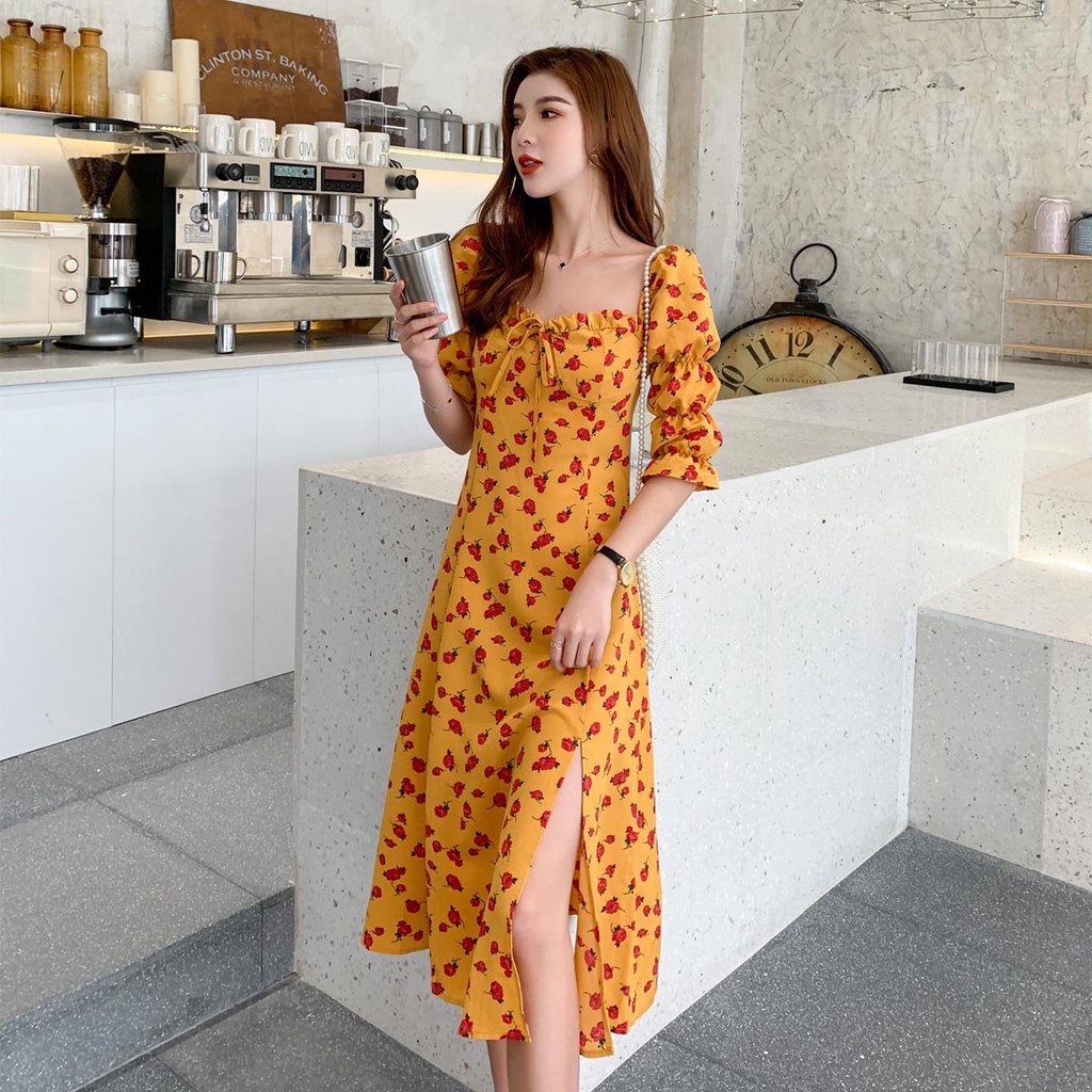 TASHAPPY BS010 Wrap Dress Midi Belahan Kekinian Wanita Motif Flower Terbaru model korea supplier baju import