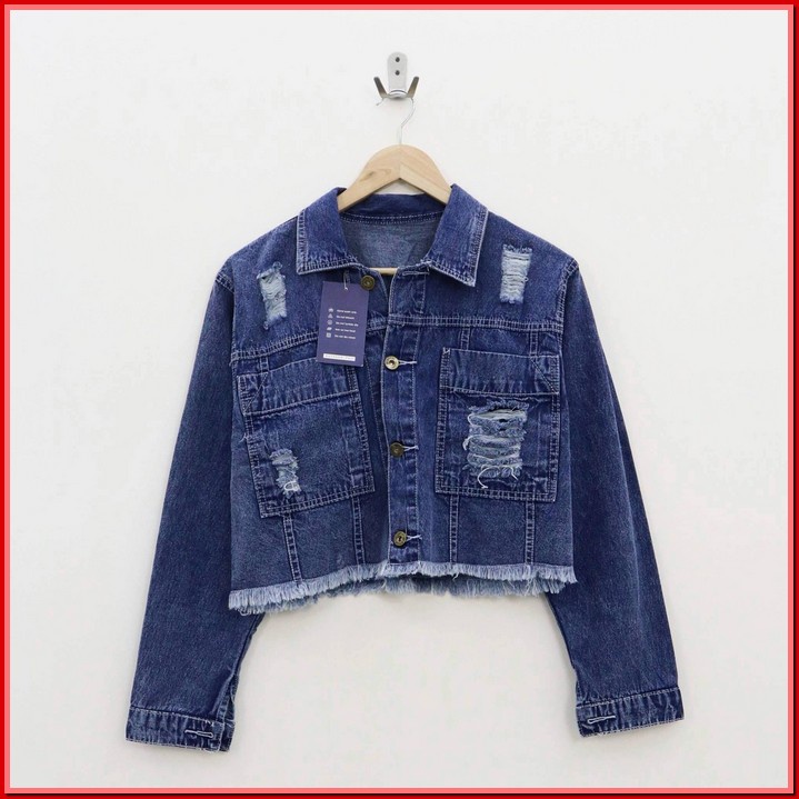 Jaket Jeans Wanita Jaket Sobek Jaket Cewek Jaket Denim Crop Top Rezzi Jacket Jeans - Thejanclothes