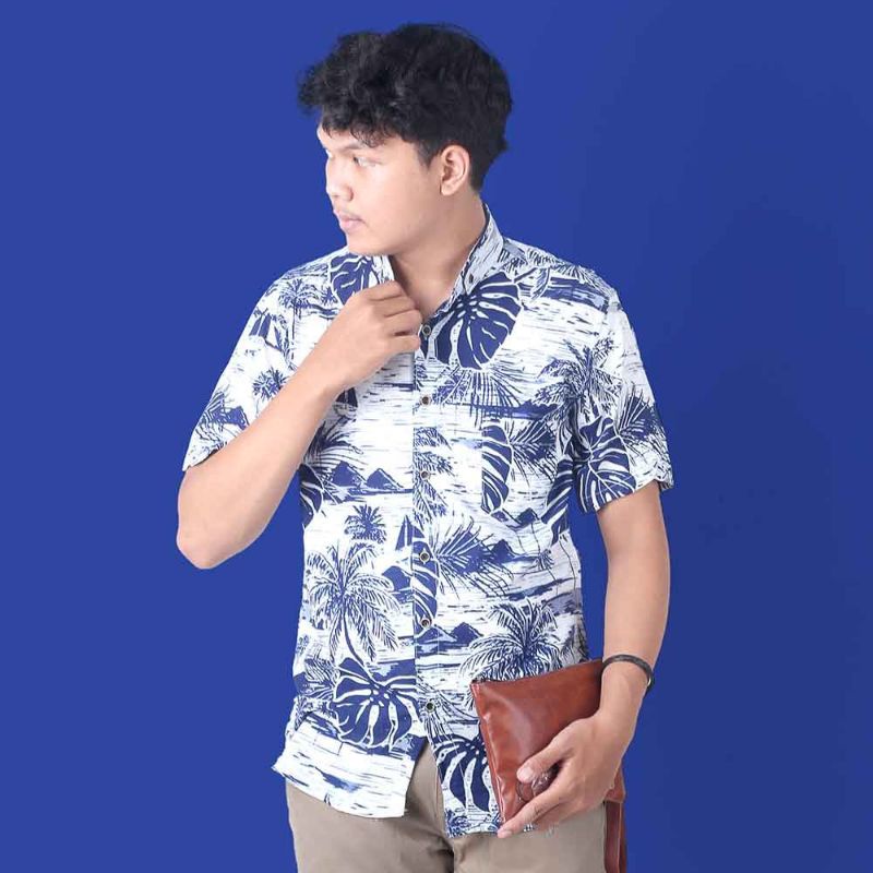 14 Warna - Baju Kemeja Printing Lengan Pendek Pria Model Terbaru Motif Daun Batik | Kameja Casual Distro Premium Original | Tidak Panas | Nyaman | Adem Kemeja Surfing, Kemeja Hawai, Kemeja Katun Rayon