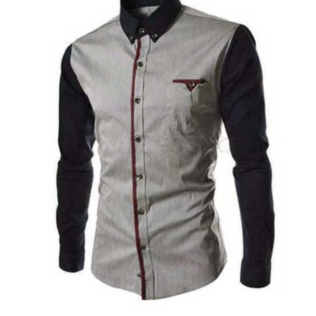 Baru Hem kemeja pria silver combi lengan black (n354 executive silver)